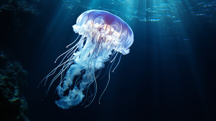 White Jellyfish dansing in the dark blue ocean - Powered by Adobe