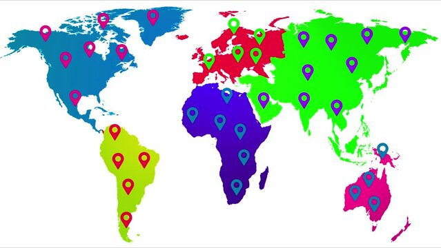 Colorful location icon on world map different information black background. 