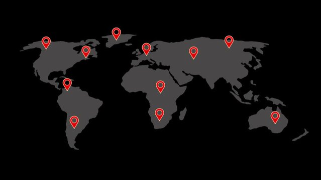 Colorful location icon on world map different information black background.motion graphics 