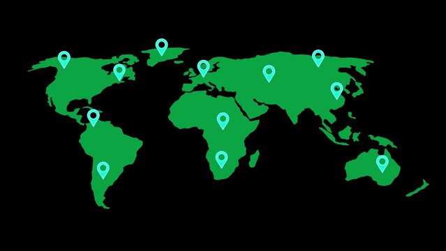 Colorful location icon on world map different information black background.motion graphics. 