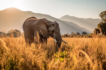 Zelfklevend Fotobehang A majestic elephant leisurely munches on lush green grass in a vast open field adorned with vibrant wildflowers, wildlife animal © Ruby