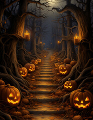 Halloween haunted forest creepy landscape at night