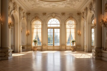 Fototapeta na wymiar Gorgeous Ballroom with Arched Windows and Chandeliers