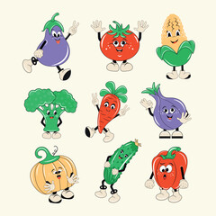A set of funny, colorful cartoon characters. Vegetables with different emotions on a light background in a groovy style. Retro design for cover, postcard, banner, poster, background and more