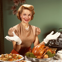 The woman is a chef, ready for Thanksgiving dinner.  In the style of retro glamor, 1940s–1950s....