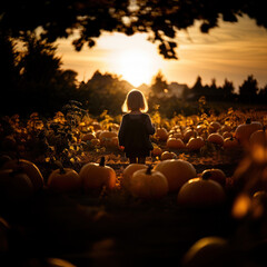 Little child girl in the pumpkins garden. AI generated picture.
