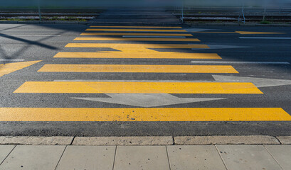 Temporary Pedestrian Crossing, Yellow Crosswalk, Safety Zebra on Modern Tiles Pathway