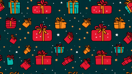Christmas background with patterns of gifts and decorative objects