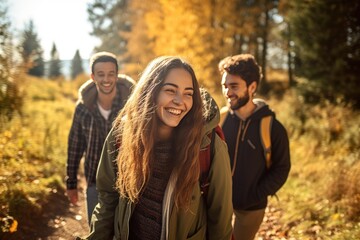 Young and joyful friends, filled with happiness, are seen taking a leisurely and delightful autumn walk together, surrounded by the vibrant and colorful foliage of the season.