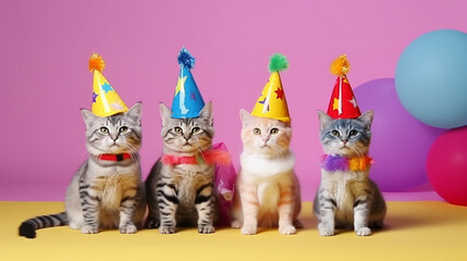 Creative animal concept. cats in a group, vibrant bright fashionable outfits isolated on solid background advertisement, copy text space. birthday party invite invitation banner