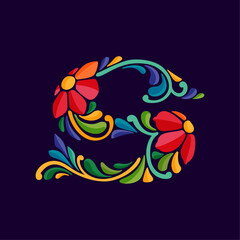 Letter S logo with Mexican colorful and ornate ethnic pattern. Traditional Aztec leaves and flowers embroidery ornament. Vector design template for folk Spanish food, holidays, carnival, and party.