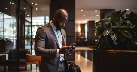 Businessman in hotel hallway with phone and baggage - obrazy, fototapety, plakaty