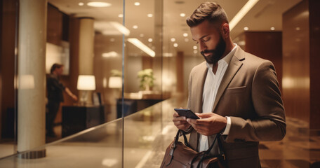 Businessman in hotel hallway with phone and baggage