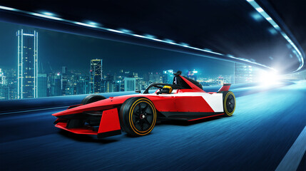 Red sports car riding on highway tunnel. Car in fast motion. Fast moving supercar with cityscape. 3D Rendering