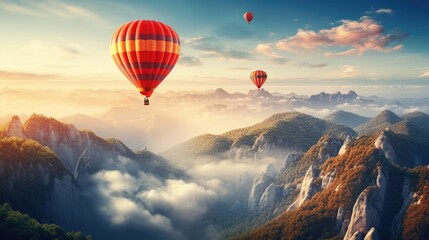 a balloon floats gracefully above the clouds. Capture the essence of travel and adventure.