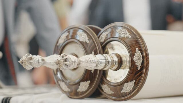 The Torah scroll. Close up. Opening of the Synagogue.