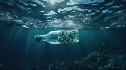 devastating impact of plastic waste in our oceans with a floating bottle. message of environmental responsibility and the need for action.