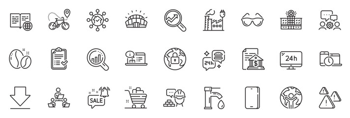 Icons pack as Grocery basket, Eyeglasses and Internet book line icons for app include Phone, Coffee beans, Approved checklist outline thin icon web set. Build, Sports stadium, Lock pictogram. Vector
