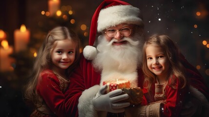 Fototapeta na wymiar Santa Claus with two children at home. Christmas and New Year concept.