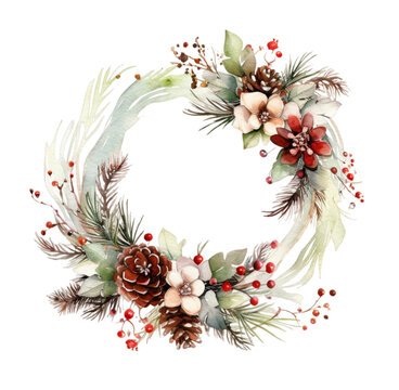 Watercolor illustration of a Christmas wreath. Generative AI, png image.