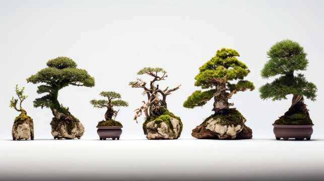 bonsai tree collection on white background