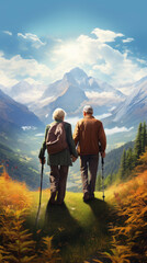 older couple hiking in the mountains - obrazy, fototapety, plakaty