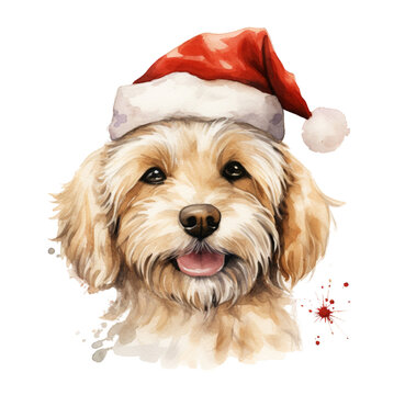 Watercolor illustration of a Christmas dog wearing a santa hat. Generative AI, png image.