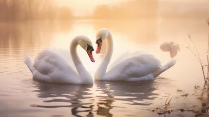 Schilderijen op glas enchanting sight of graceful swans in the soft pink light of a misty lake at sunset. A romantic and serene moment in nature. © Светлана Канунникова