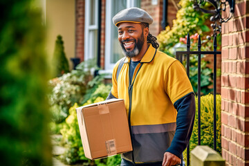 A man in a yellow shirt carrying a cardboard moving box