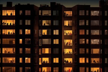 Apartments with silhouettes of people in the windows at night. ,Generative AI