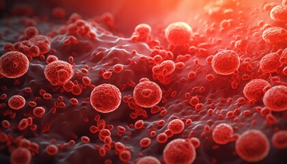 Red virus macro shot in bloodstream to show cardiovascular, epidemic, quarantine and pandemic...