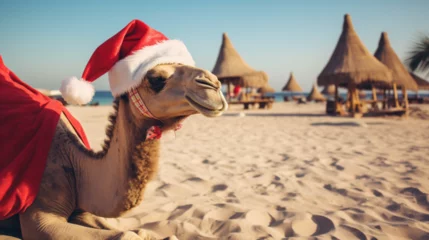Fototapeten beautiful camel standing in desert and wear christmas hat © LOVE ALLAH LOVE