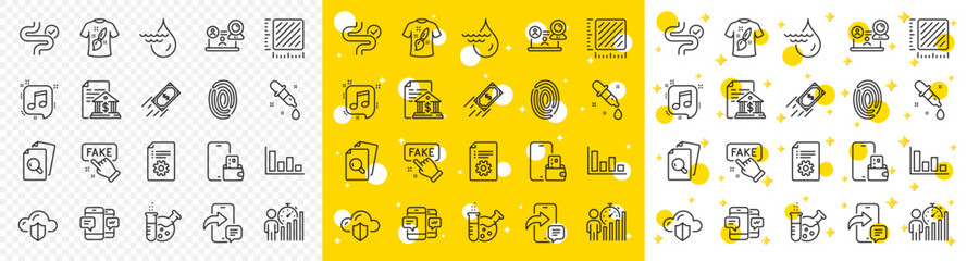 Outline Phone wallet, Musical note and Technical documentation line icons pack for web with Business statistics, Histogram, Cloud protection line icon. Chemistry lab, Video conference. Vector