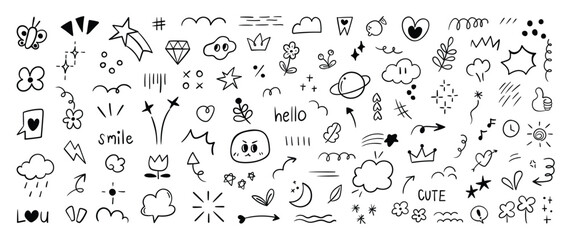 Set of cute pen line doodle element vector. Hand drawn doodle style collection of heart, arrows, scribble, flower, star, butterfly, diamond. Design for print, cartoon, card, decoration, sticker.