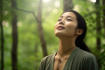 Woman relaxed breathing fresh air in a green forest at natural ,Generative AI.