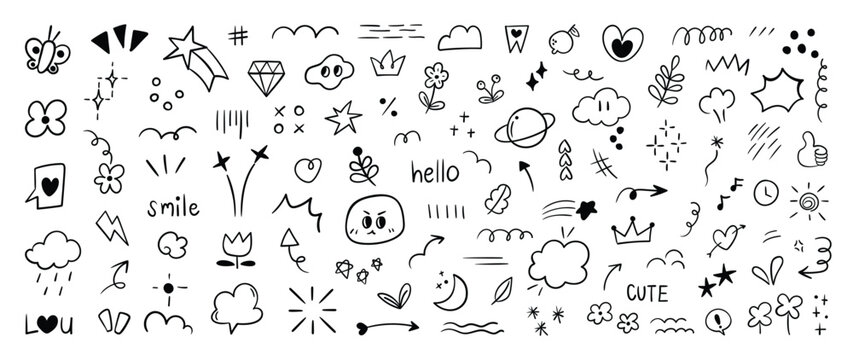 Set of cute pen line doodle element vector. Hand drawn doodle style collection of heart, arrows, scribble, flower, star, butterfly, diamond. Design for print, cartoon, card, decoration, sticker.
