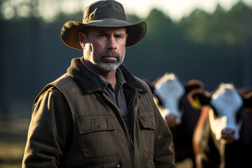Farmer wearing a hat and with his cows in background