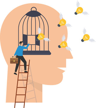 Free your mind and let creativity idea and imagination fly, Mindfulness thinking, break free to get solutions for business problem, Flying light bulb idea, Break free from human head cage

