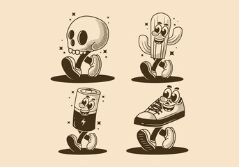 Mascot character illustration of walking skull, cactus, battery and shoe