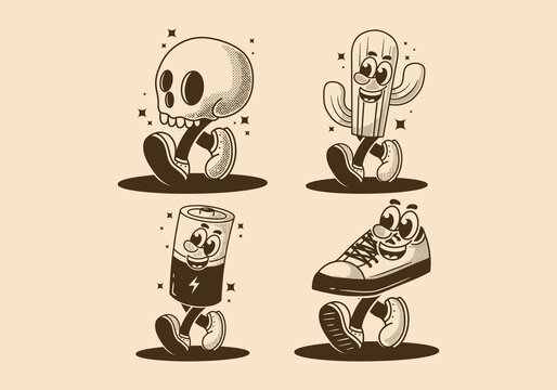 Mascot Character Illustration Of Walking Skull, Cactus, Battery And Shoe