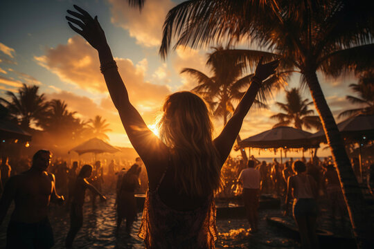 Beautiful woman with raised arms enjoying at beach party at sunset - Generative AI