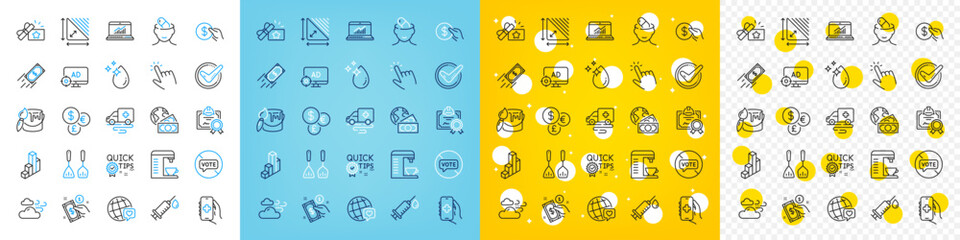 Vector icons set of Confirmed, Water drop and Online statistics line icons pack for web with Depression treatment, Seo adblock, Global business outline icon. Certificate, Fast payment. Vector