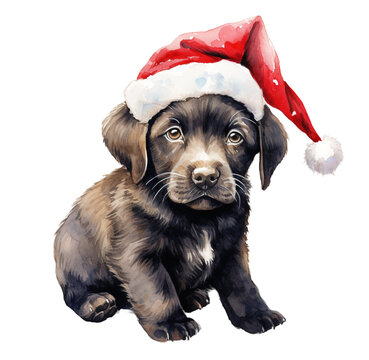 Watercolor illustration of a Christmas dog wearing a santa hat. Generative AI, png image.