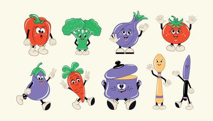 A set of funny, colorful cartoon characters. Vegetables and kitchen utensils on a light background in a groovy style. Retro design of the cover, postcard, banner, poster, background and much more