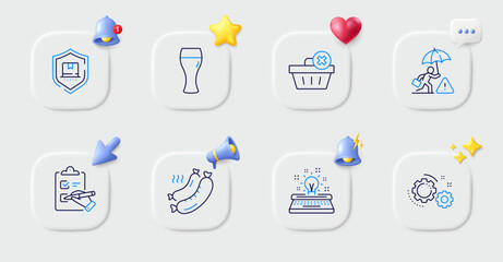 Checklist, Typewriter and Package protection line icons. Buttons with 3d bell, chat speech, cursor. Pack of Risk management, Beer glass, Gears icon. Grilled sausage, Delete order pictogram. Vector