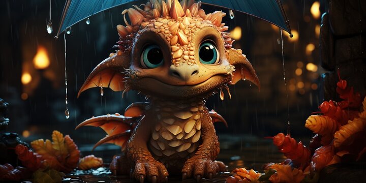 Cartoon dragon with an umbrella in the rain, cute baby dragon on the background of leaves