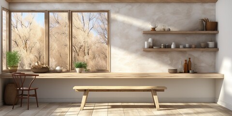 Light kitchen interior with dining and cooking space near window. Mockup frame