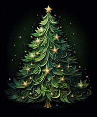 Christmas tree watercolor texture silhouette with snowflakes on a black background. Generative AI