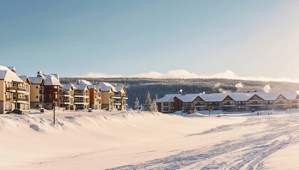 Buildings in a ski resort after a snow fall, smoke coming out of the buildings chimneys - obrazy, fototapety, plakaty