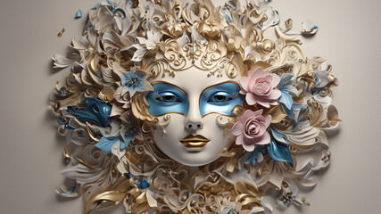 Sch&ouml;ne Kunst Maske in Frauen Gesicht Form in Gold und Blau Farben als Dekoration Querformat f&uuml;r Banner, ai generativ